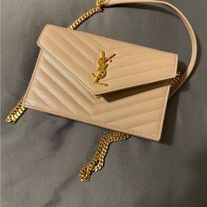 Yves Saint Laurent Beige Leather Clutch with Gold Chain Wallet on chain